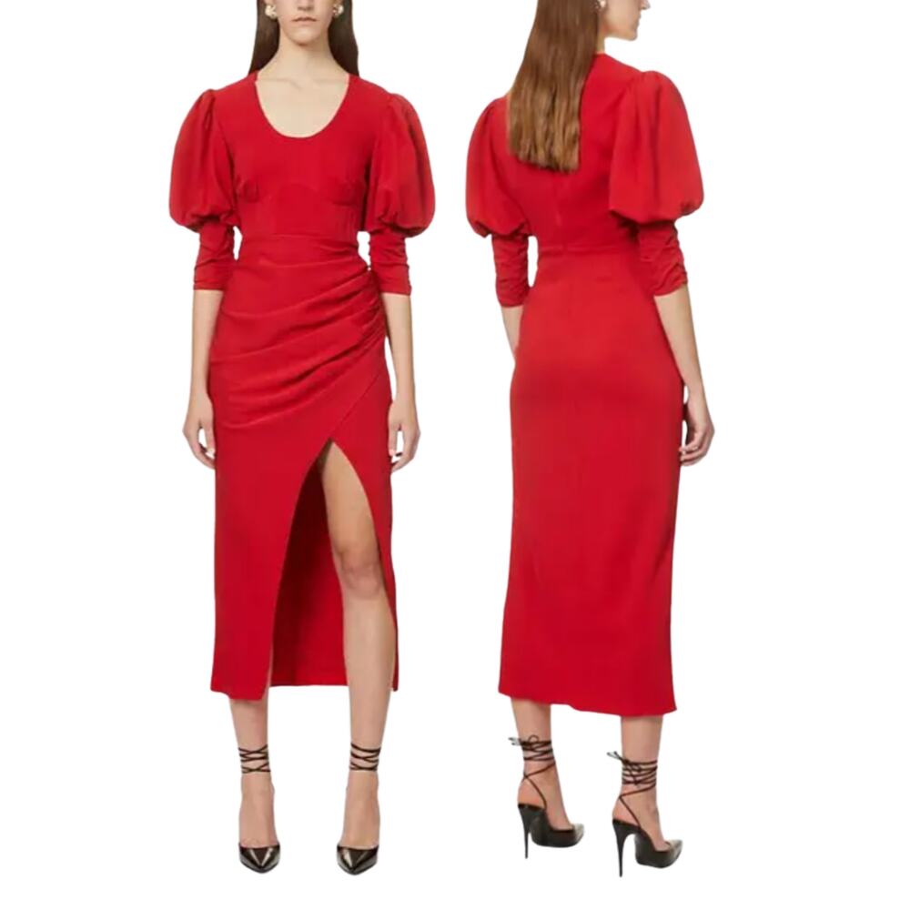 Self Portrait Midi Dress Puff Sleeve Ruched Formal Cocktail Elegant Evening 4